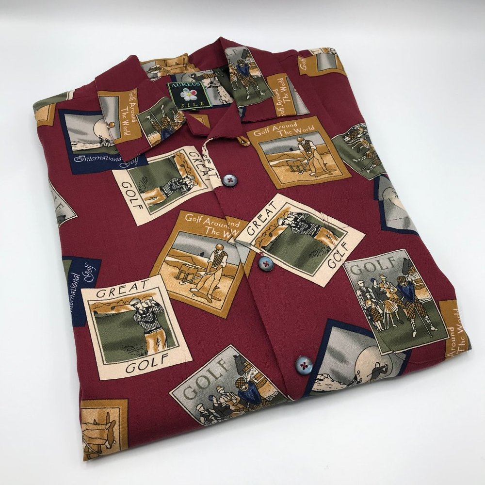 Aureus Silk Shirt Mens Small Golf Red Button All Over Print World